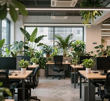 A bright co-working space interior with lush green plants and modern desks.