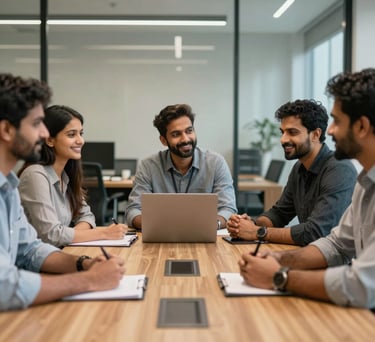 A team meeting in progress around a wooden conference table in a modern Indian office, with people showing positive expressions of collaboration.