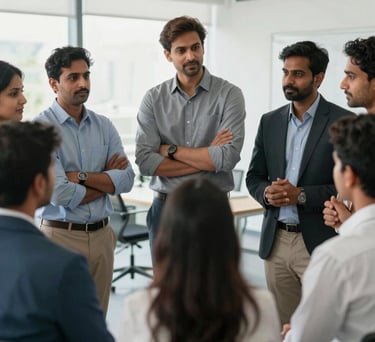 A medium shot of a group of Indian professionals standing together in a circle, engaged in a collaborative brainstorming session in a bright office.