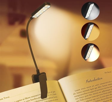 LED clip-on book light for reading in bed with adjustable brightness and warm white color modes.