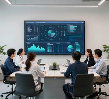 An interior shot of a minimalist, high-tech collaborative workspace where professional researchers are engaged in a meeting. A large digital screen displays data visualizations in steel blue and teal. Clean, bright, and professional lighting in a North American setting.