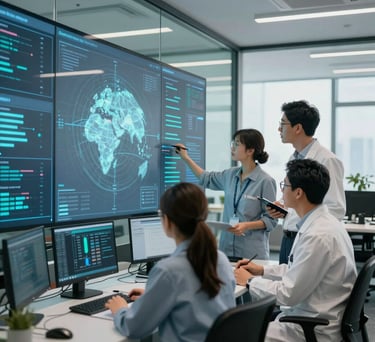 A professional research team in a modern North American / Global office, collaborating over advanced data visualizations on a glass wall. The lighting is clean and bright, emphasizing a forward-thinking atmosphere with accents of teal and dark blue.