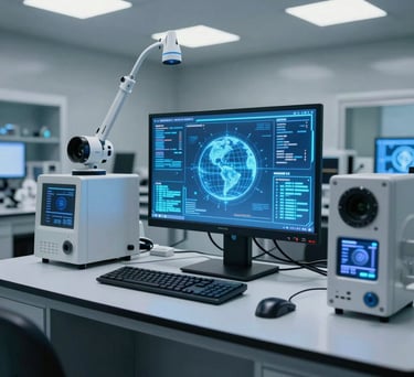 A high-tech laboratory interior with glowing blue data displays and modern sensing equipment, North American / Global. The atmosphere is professional and innovative.