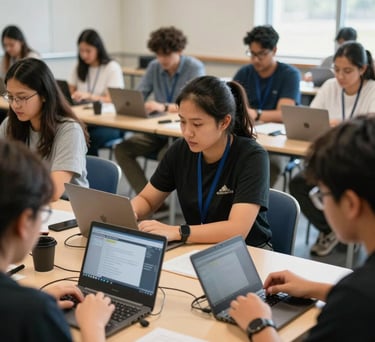 A vibrant community education workshop in a North American / Global setting, where individuals are learning to use digital monitoring tools. Bright, inclusive, and professional photography.