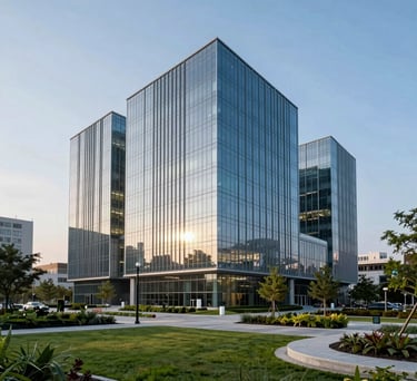 A wide-angle photograph of a sleek, glass-fronted modern research facility in a North American tech hub. The building reflects a bright blue sky, surrounded by well-kept urban greenery. Professional, high-end architectural photography with soft morning light.