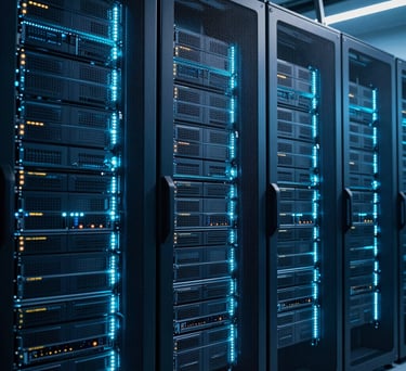A sophisticated data center with glowing racks of servers representing the foundation's intelligence infrastructure, North American / Global. Deep blues and teals dominate the scene.