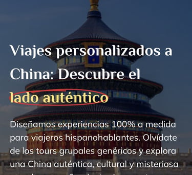 Templo del Cielo en Pekín con un texto que promociona viajes culturales personalizados a China.