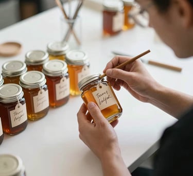 An artisan hand-labeling glass honey jars with custom calligraphy event tags inside a bright and clean workshop space.