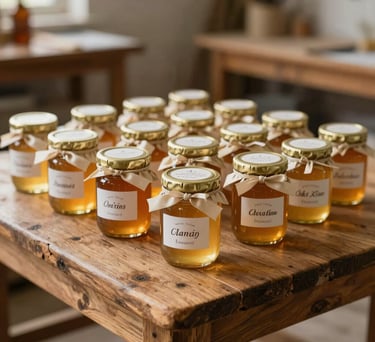 A rustic wooden table in a light-filled craft workshop displaying small glass jars of golden honey with customized event labels and cream ribbon ties.
