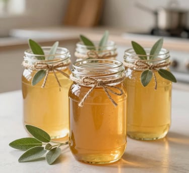 A close-up photograph of several elegant glass favor jars filled with clear warm golden honey, decorated with simple twine and botanical sage green sprigs. Bright daylight in an airy, cream-toned kitchen setting.