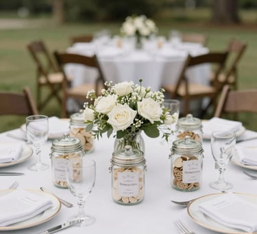 A beautifully decorated wedding guest table in a North American / US outdoor venue featuring personalized Honeycova party favor jars at each place setting.