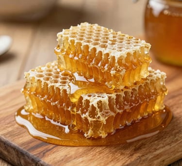 Freshly cut natural honeycomb pieces oozing rich golden amber honey onto a warm rustic wooden surface in a North American / US kitchen setting.