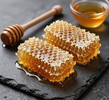 A photograph of freshly harvested honeycomb pieces laid out on a dark charcoal brown slate board alongside a wooden honey dipper and small bowls of raw honey. Soft natural side lighting highlighting rich amber tones.