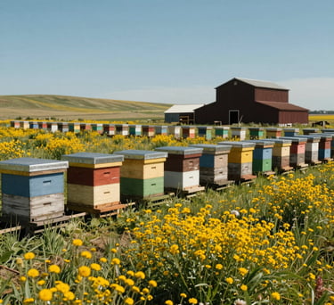 A wide scenic photograph of a sun-drenched North American / US farm with colorful wooden beehives neaty placed alongside blooming golden wildflowers.