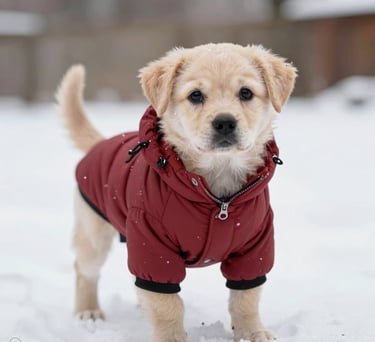 Cachorro blanco y marrón claro con una chaqueta azul de invierno para perros está de pie en la acera
