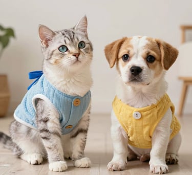 Gatito atigrado plateado y un cachorro con suéteres para mascotas azules y amarillos