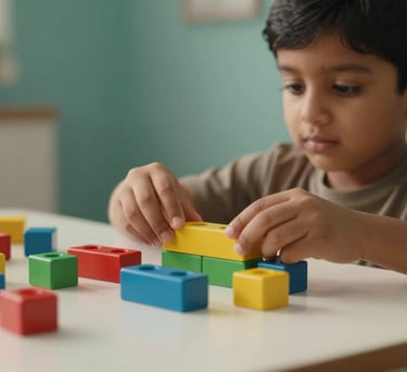 A focused shot of a South Asian child's hands working with colorful educational blocks on a white table, warm natural light, soft teal background.