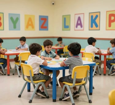 An early intervention classroom with low tables and chairs, vibrant wall art showing letters and numbers, and a clean, safe environment for young children in India.