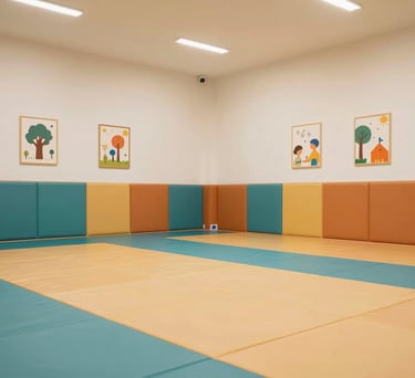 A brightly lit, safe indoor play area in a Hyderabad facility with soft amber and teal floor mats and educational wall art, South Asian interior style.