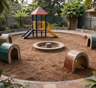 A safe outdoor play area of the Hyderabad center with soft ground covering and small play structures, surrounded by a secure fence and greenery.