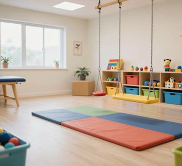 A brightly lit therapy room at the Hyderabad center, featuring soft mats, colorful sensory swings, and organized bins of toys, all designed for South Asian childcare needs.