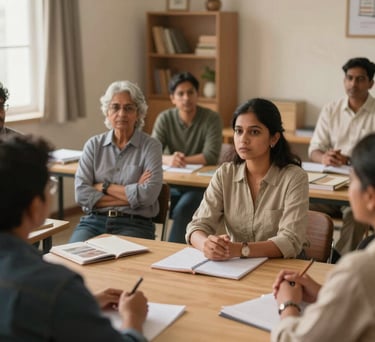 A group of South Asian parents participating in a workshop at the center, listening attentively to a therapist in a warm, welcoming community room.