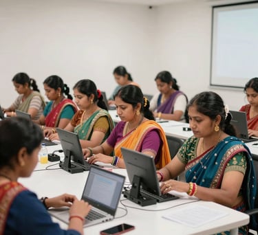 A high-quality photograph of South Asian tribal women participating in a vocational training workshop. They are using modern equipment in a clean, brightly lit community hall.