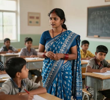 A medium shot of a South Asian woman in a blue and white patterned saree teaching a group of children in a modern, well-lit rural classroom in Chhotaudepur.