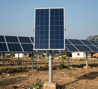 A photograph of a newly installed solar power grid in a rural South Asian village. The modern equipment stands in front of a clean, traditional landscape under a medium blue sky.