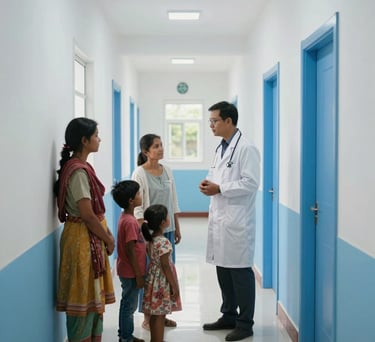 A photograph of a modern rural medical clinic in the South Asian countryside, featuring clean white walls and blue accents. A medical professional is seen talking to a local family in a bright, trust-inspiring hallway.