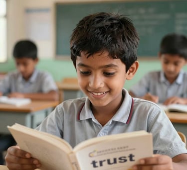 A close-up photograph of a South Asian child in a clean classroom setting, smiling while reading a book. The background is soft-focus, showing a modern, well-lit rural school environment supported by the trust.