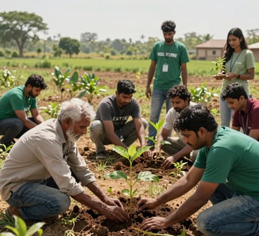 A group of South Asian community members and volunteers planting indigenous saplings in a sunlit field, symbolizing environmental sustainability and rural growth.