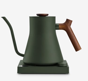 Dark green electric gooseneck kettle with a wooden handle on a matching heating base.