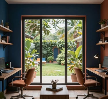 Photography of a modern South Asian study room with a large window overlooking a lush garden. The lighting is soft and inviting, with a deep blue and terracotta color palette in the decor.