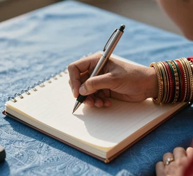 Close-up of a woman's hand in South Asian bangles holding a pen over a notebook, surrounded by light blue and dark blue textures, warm afternoon sunlight.