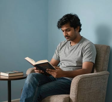 Photography of a peaceful South Asian reading corner with a comfortable armchair, a small side table with a book, and soft light blue walls.