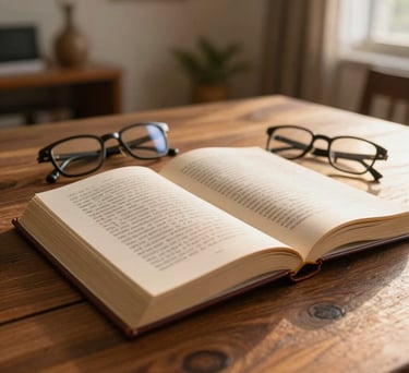 Photography of an open book on a wooden table with a pair of glasses, captured in a warm, inviting South Asian home during golden hour.