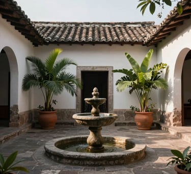 A quiet courtyard with a small stone fountain and lush green plants in large clay pots. Traditional but minimalist South American architecture, soft afternoon shadows.