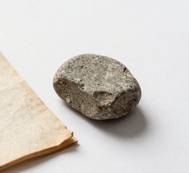 Macro photography of textures including aged paper and a rough stone paperweight on a clean white surface, minimalist and artistic composition with soft shadows.