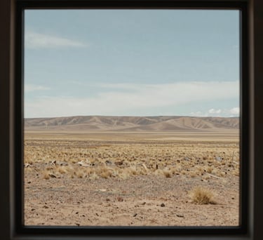 A panoramic view of a minimalist South American landscape seen through a clean glass window. Subtle colors of earth and sky, reflecting a calm poetic mood.