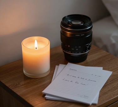 Close-up of a lit candle and a small pile of letters on a wooden bedside table. Warm, intimate lighting, evocative of a late-night writing session.