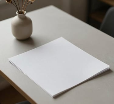 A minimalist writer's desk with a simple ceramic vase containing dried flowers. The lighting is soft and artistic, focusing on the texture of the white paper on the desk. Neutral color palette.