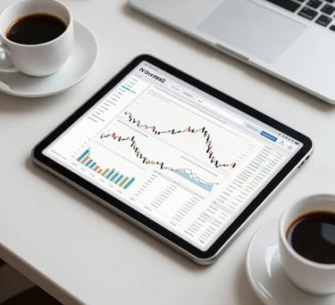 A professional desk setup featuring a tablet displaying complex financial data and a cup of coffee. Clean, efficient corporate aesthetic, North American / US.