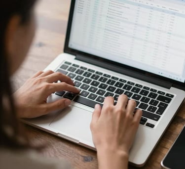 An over-the-shoulder shot of a person typing on a sleek laptop with a clean spreadsheet visible on the screen. Natural light, professional, North American / US.