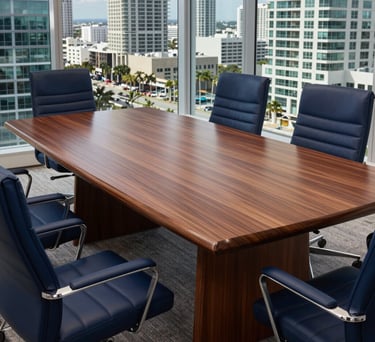A detailed shot of a sleek mahogany meeting table with modern navy blue chairs in a high-rise office overlooking a Florida cityscape. North American / US.
