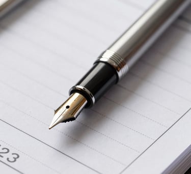 A close-up of a high-end fountain pen resting on a detailed financial ledger in a bright Florida office. Sharp focus, sophisticated textures, North American / US.