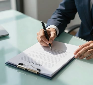 A focused shot of a professional's hand signing a legal document in a sun-drenched office. The setting is clean and sophisticated with turquoise and charcoal navy details, North American / US professional environment.