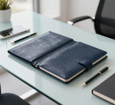 A high-angle photograph of a modern glass desk in a bright Florida office, featuring a professional leather portfolio and high-end stationery. Soft natural light, North American / US style, with charcoal navy and white accents.