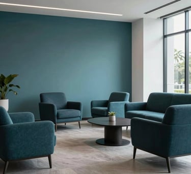 Wide shot of a minimalist, modern corporate lounge in a Florida office park with teal and dark navy furnishings. Sophisticated and clean, North American / US.