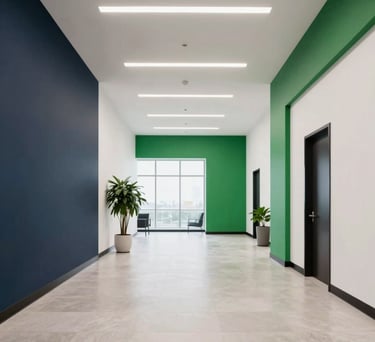 A brightly lit Florida office lobby with high ceilings and minimalist decor featuring dark navy and emerald green accents. Professional, North American / US.